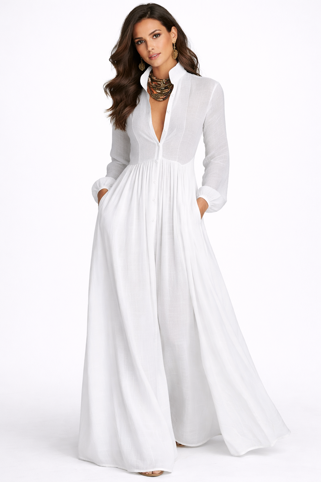 ELISA VESTIDO DE ALGODON Y LINO, CUELLO ALTO Y MANGA LARGA